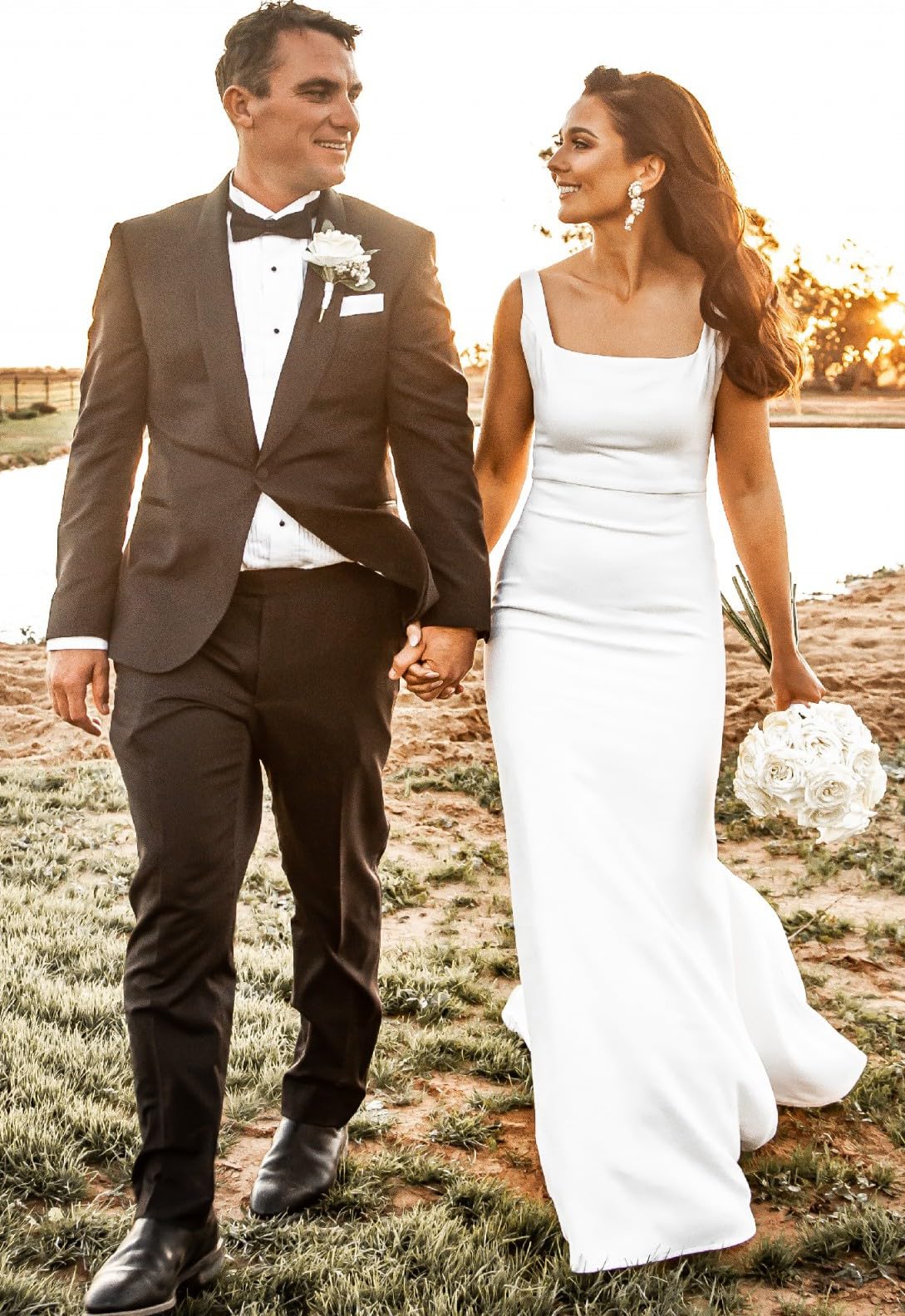 Elegant Satin Mermaid Wedding Dress for Bride - Backless Square Neck Bridal Gown with Train | Perfect for Beach, Church, and Formal Wedding Ceremonies