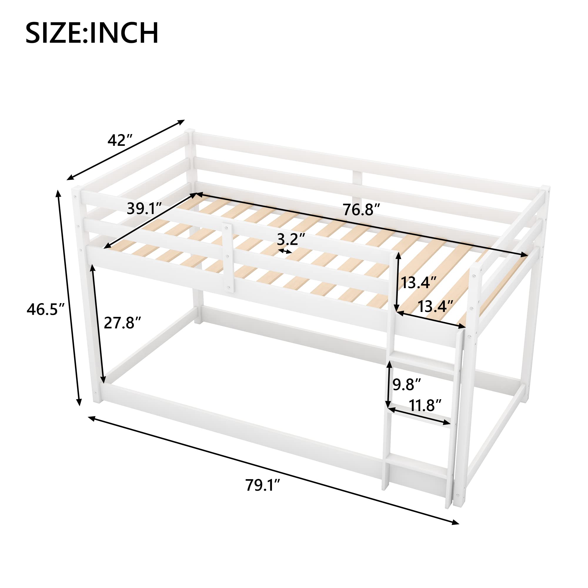 Twin Over Twin Bunk Bed with Ladder & Safety Guardrails - Solid Pinewood Bed Frame for Kids - Space Saving Low Floor Bunk Bed for Boys & Girls Bedroom - No Box Spring Needed - Perfect for Small Rooms & Shared Kids Spaces (White)