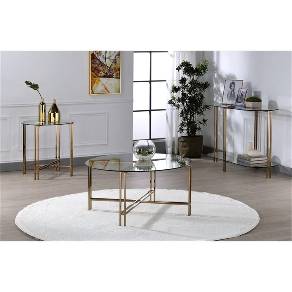 Acme Veises Round Glass Top End Table - Gold & Champagne Finish - Perfect for Living Room, Bedroom, or Office Decor