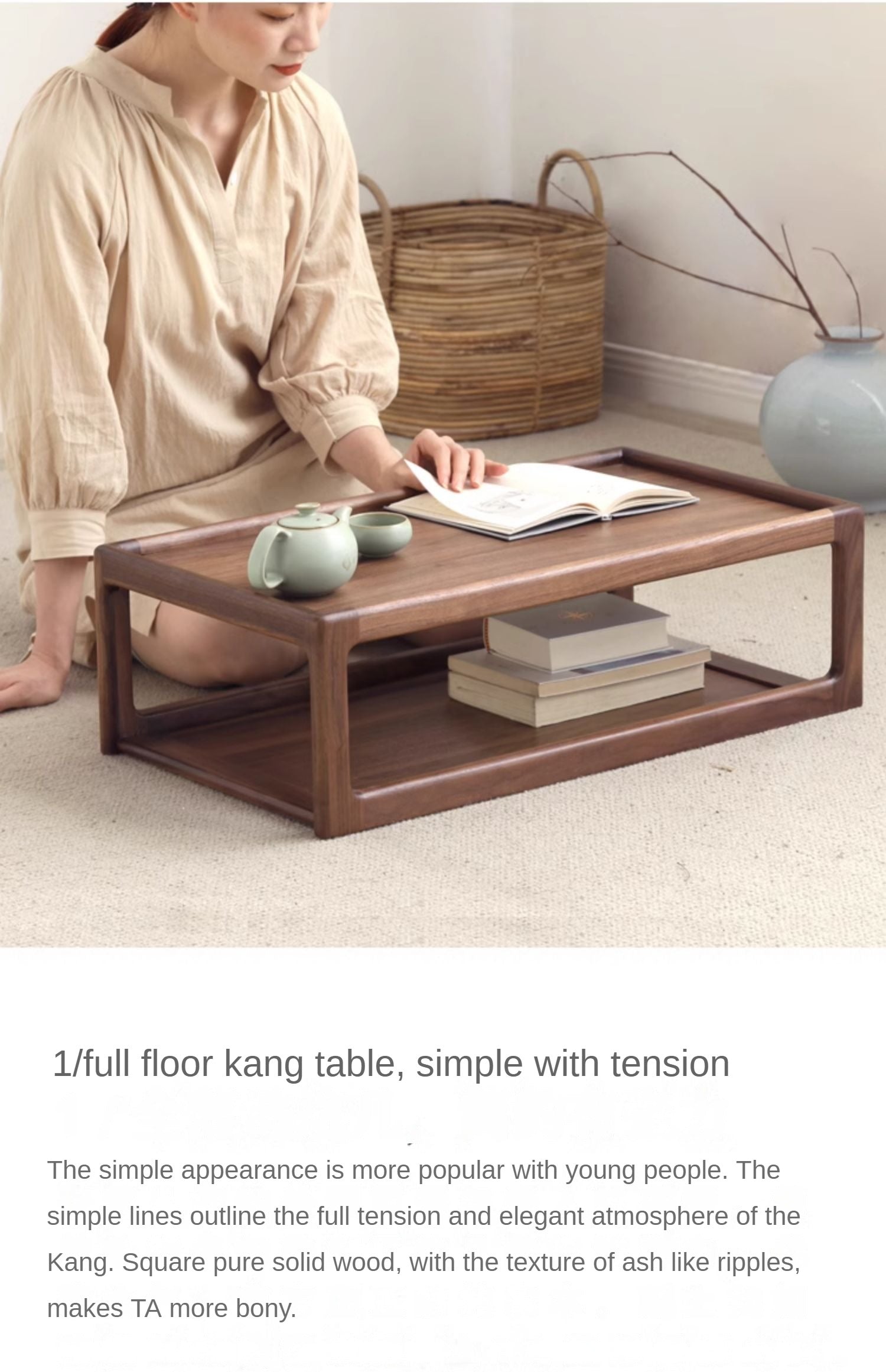 Premium Black Walnut, Ash & Oak Solid Wood Japanese Tatami Tea Table - Traditional Zen Style Low Table for Tea Ceremony, Meditation & Living Room Decor
