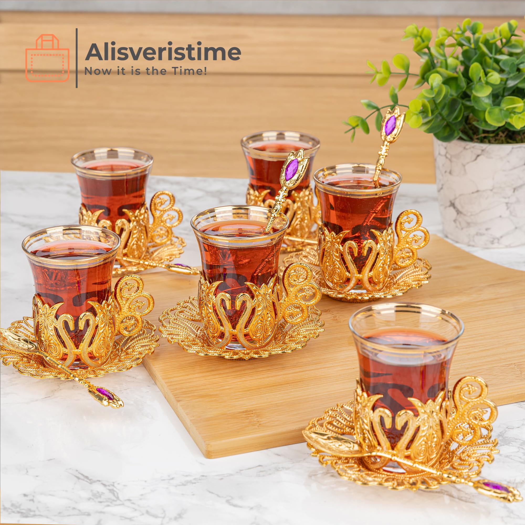 Handmade Turkish Tea Set - 6 Piece Ottoman Style Zamzam Serving Glasses with Saucers & Spoons (Gold) - Perfect for Traditional Tea Ceremonies & Home Decor