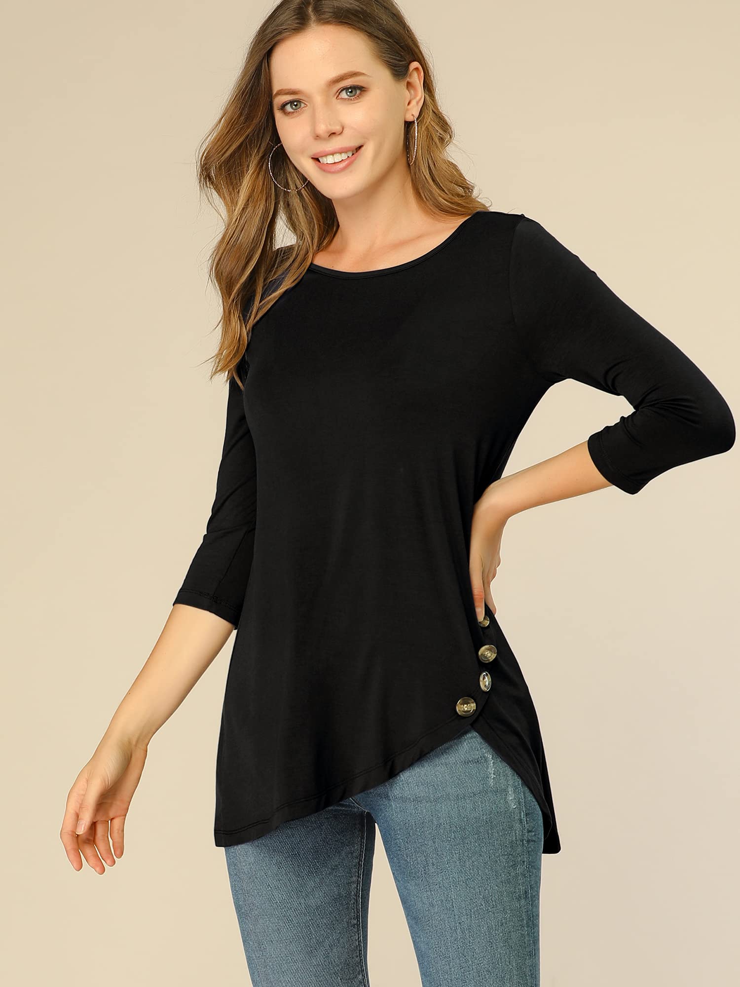 Allegra K Women's Casual Loose Tunic T-Shirt with Asymmetrical Hem - 3/4 Sleeve Round Neck Basic Top for Spring 2025 | Perfect for Everyday Wear, Office Outfits & Weekend Relaxation