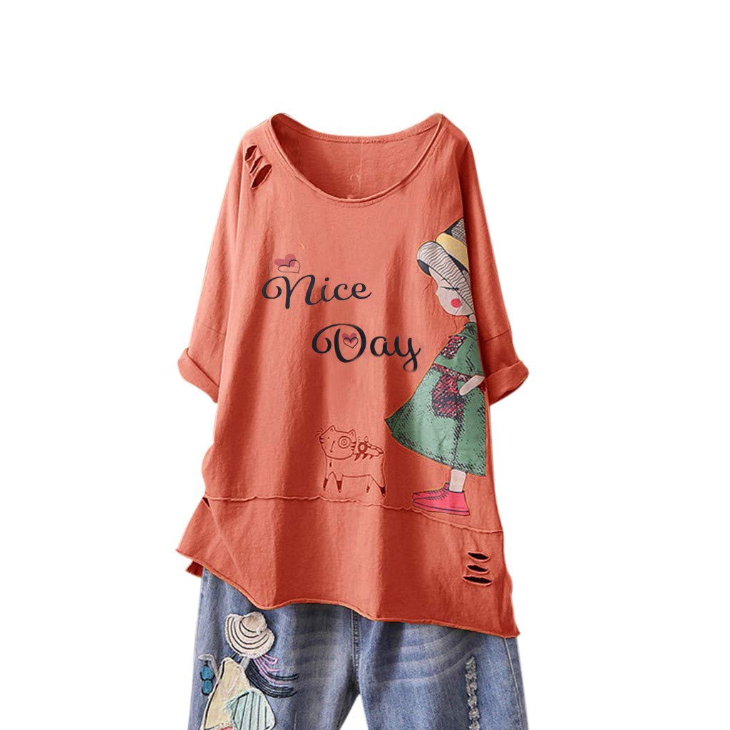 YfiDSJFGJ Women's Oversized Short Sleeve Cotton Linen Blouse - Cartoon Print O-Neck Flowy Top for Casual Wear, Summer Outfits & Beach Vacation