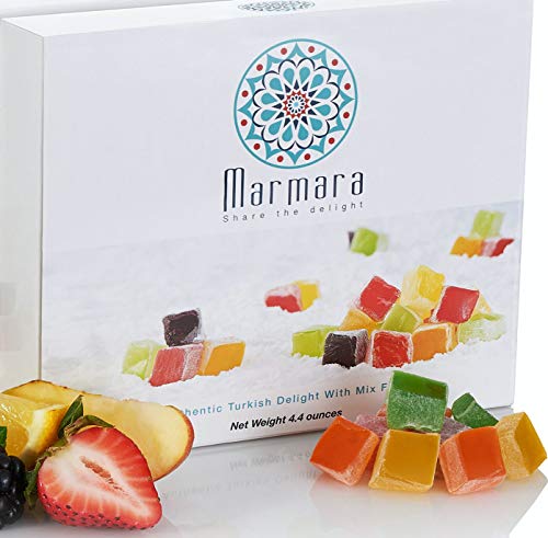 Marmara Fruit Flavored Mini Turkish Delight Candy - Assorted Flavors (Lemon, Tangerine, Satsuma, Mint, Blackberry, Strawberry, Rose) | Gluten Free, Vegan Dessert | 125g | Perfect for Gifts, Parties & Snacking