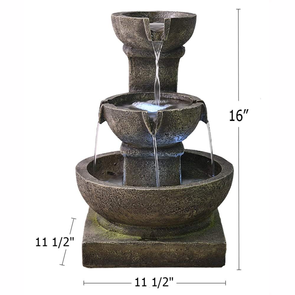 Outdoor Waterfall Fountain with LED Lights - Grey Modern Contemporary Polyresin Decor for Garden, Patio, and Backyard Relaxation
