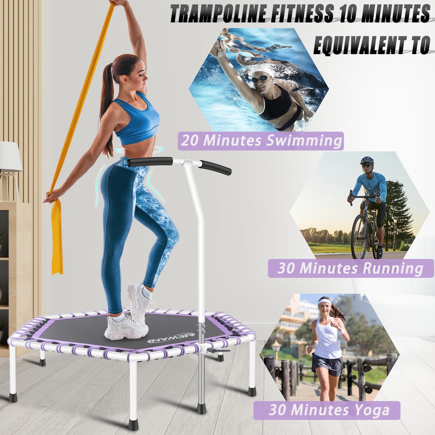 Newan 48'' Fitness Trampoline with Adjustable Handle Bar - Silent Bungee Rebounder for Cardio Workout & Weight Loss - Max Weight Limit 330 lbs - Perfect for Home Gym, Indoor Exercise & Stress Relief
