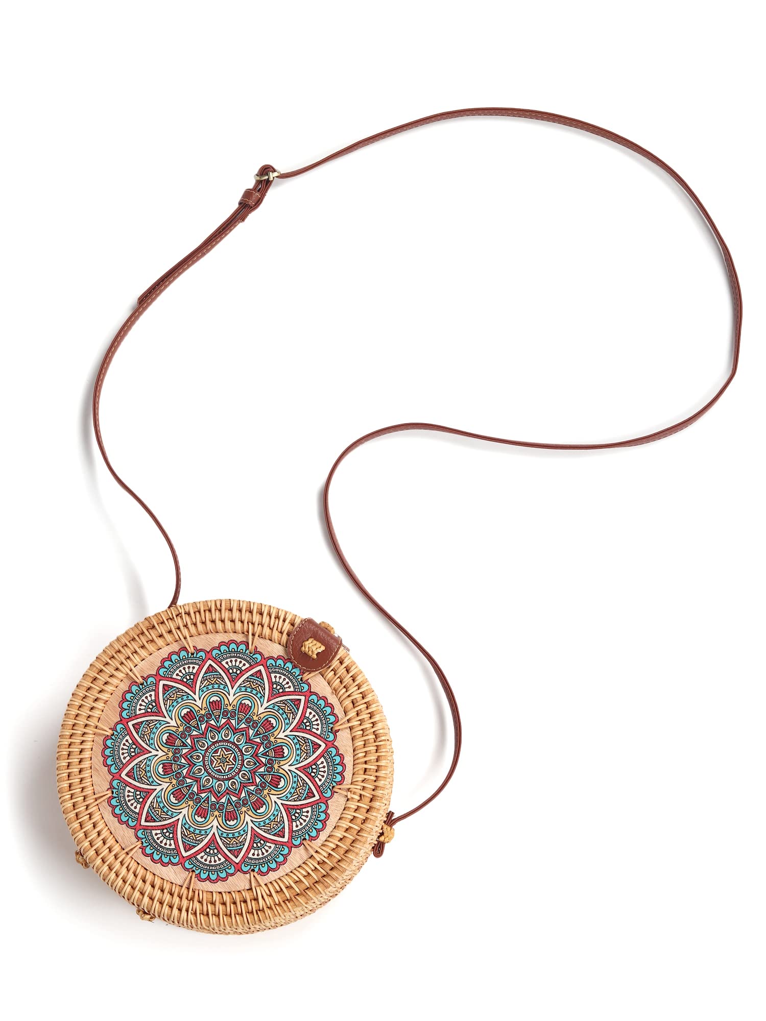 Habere India Handmade Rattan Sling Bag - Bohemian Beach Tote with Mandala Design | Eco-Friendly Woven Bali Bag for Women | Perfect for Travel, Vacation & Festival Use