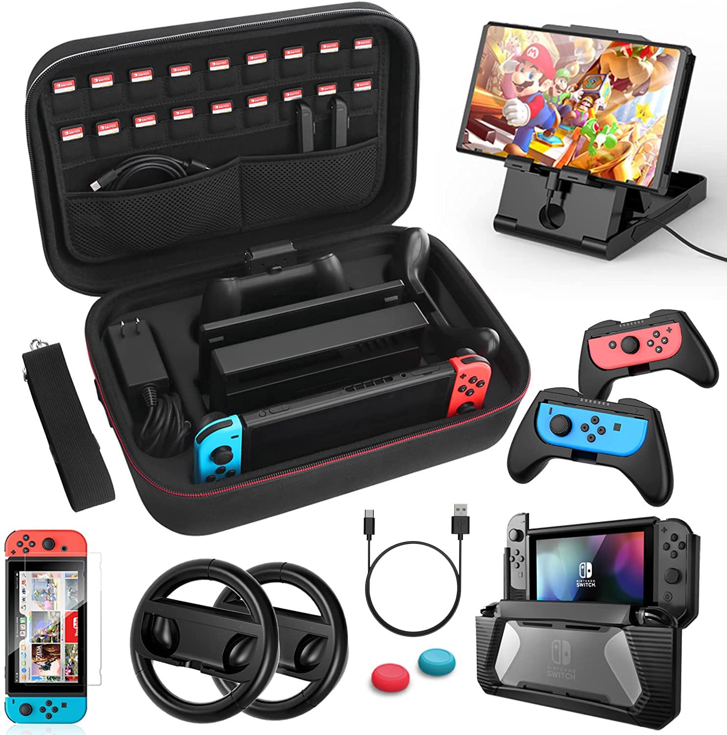 HEYSTOP 12-in-1 Nintendo Switch Accessories Bundle - Protective Carrying Case, Screen Protector, PlayStand, Joycon Grip & More (Black) - Perfect for Travel, Gaming Parties & Home Entertainment