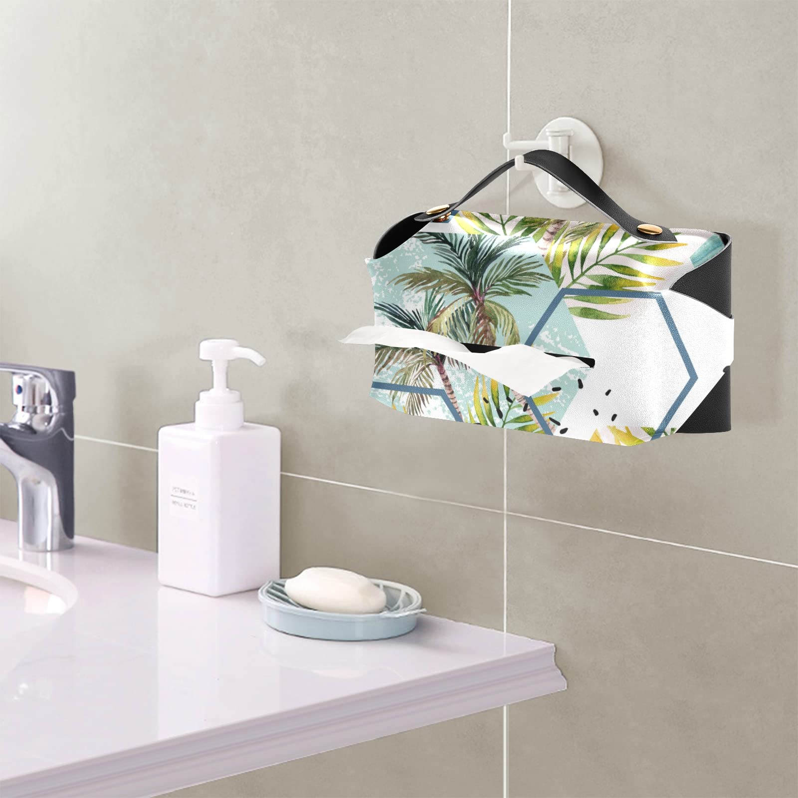 Elegant Hexagon Marble-Pattern Leather Tissue Box Cover with Handle - Tropical Leaves & Palm Tree Design - 9.4x5.1x3.6 inches - Perfect for Bathroom, Nightstand, Vanity, Office Desk & Car