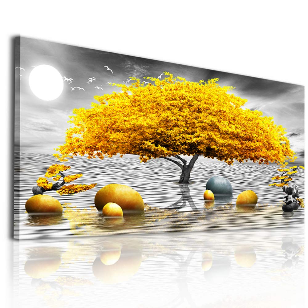 Abstract Black and White Canvas Wall Art - Modern Yellow Tree Painting for Living Room, Bedroom, Bathroom & Office Decor - Large Wall Hangings for Home & Workspace Decorations | Perfect for Housewarming Gifts & Interior Design Projects