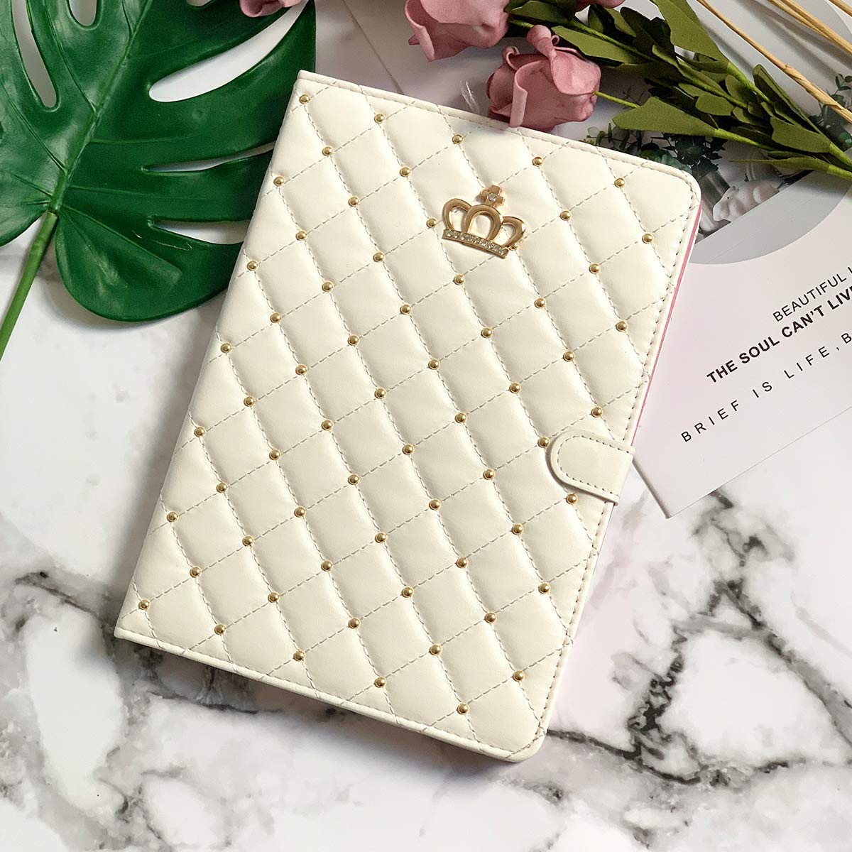 Topwin Diamond Crown Design PU Leather Case for iPad 9.7 (2017/2018) & iPad Air 2/Air - Auto Sleep/Wake, Shockproof Protective Cover with Stand (White) - Perfect for Work, School & Travel