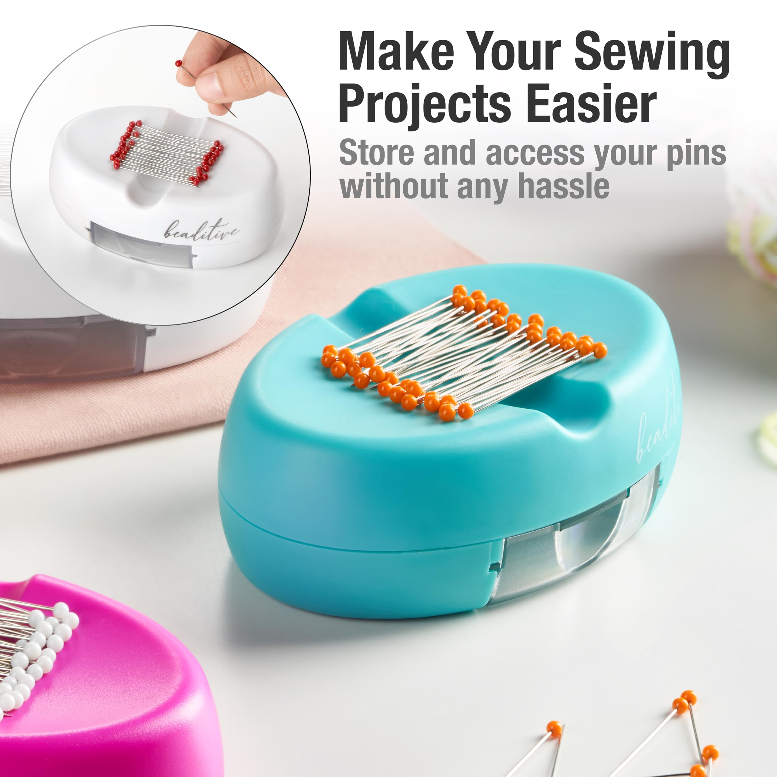 Beaditive Magnetic Pin Cushion with Drawer - Strong Magnet Pin Holder for Sewing & Quilting - 50 Glass Head Pins Included - Organize Sewing Pins, Needles, Paper Clips & Small Tools - Perfect for Crafting, DIY Projects & Home Organization (Turquoise)