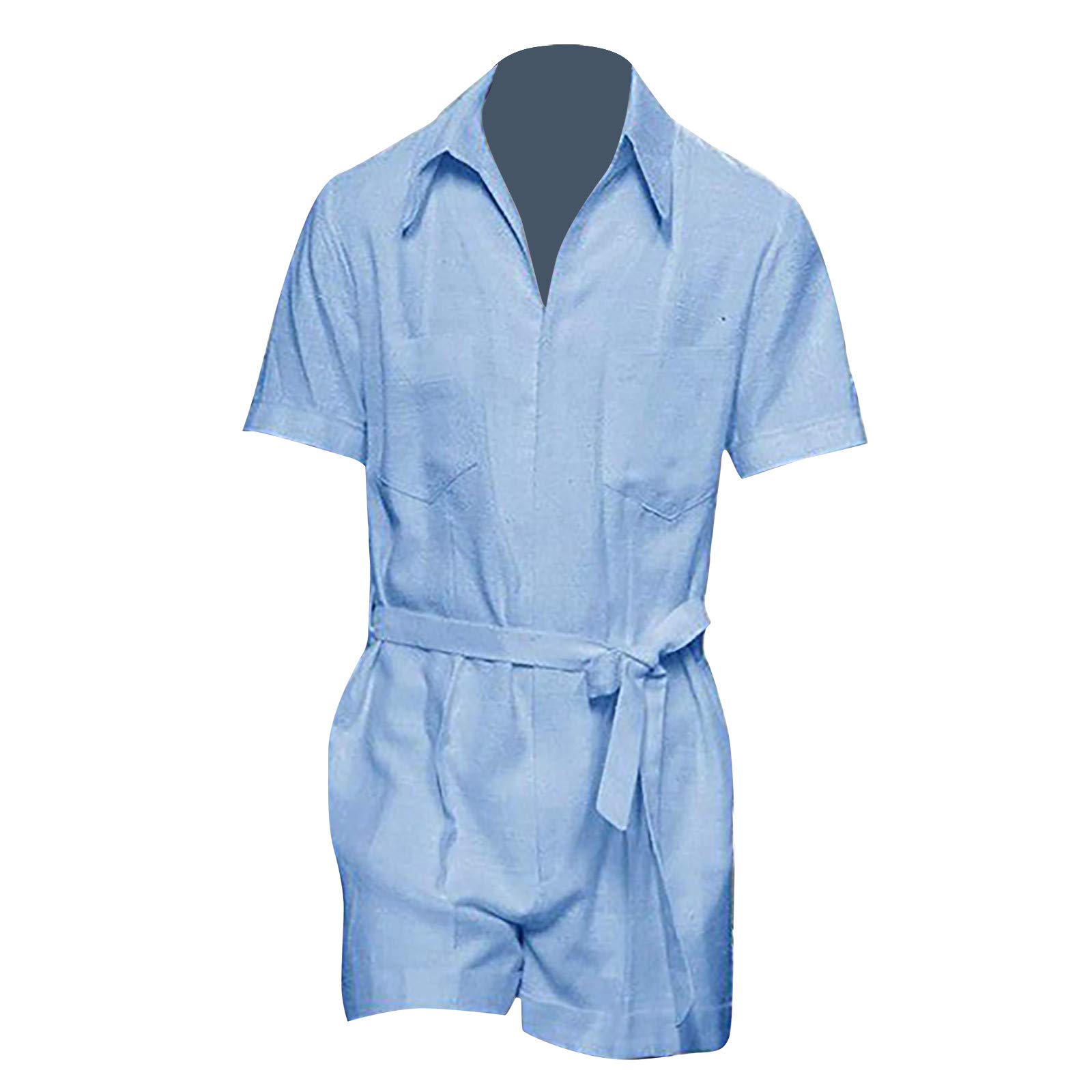 Men's Slim Fit Summer Jumpsuit - Breathable Cotton & Linen Blend with Adjustable Belt - Solid Color Casual Wear for Beach, Vacation & Outdoor Activities