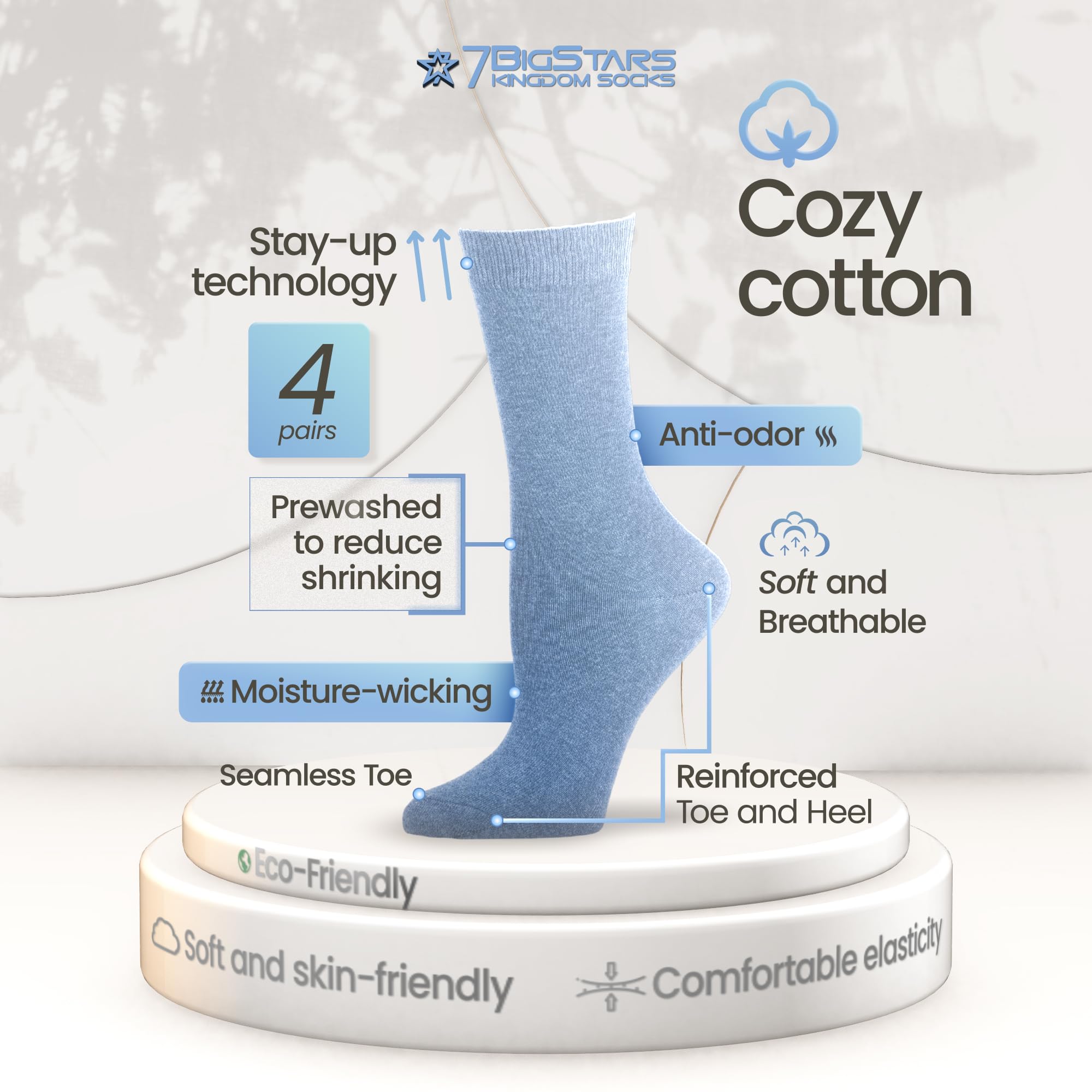 7BigStars Women's Cotton Crew Socks 4-Pack - Soft Breathable Everyday Socks in Black, Brown, Blue, Grey, Beige, Khaki & Olive Green - Perfect for Work, Casual Wear & Home Comfort