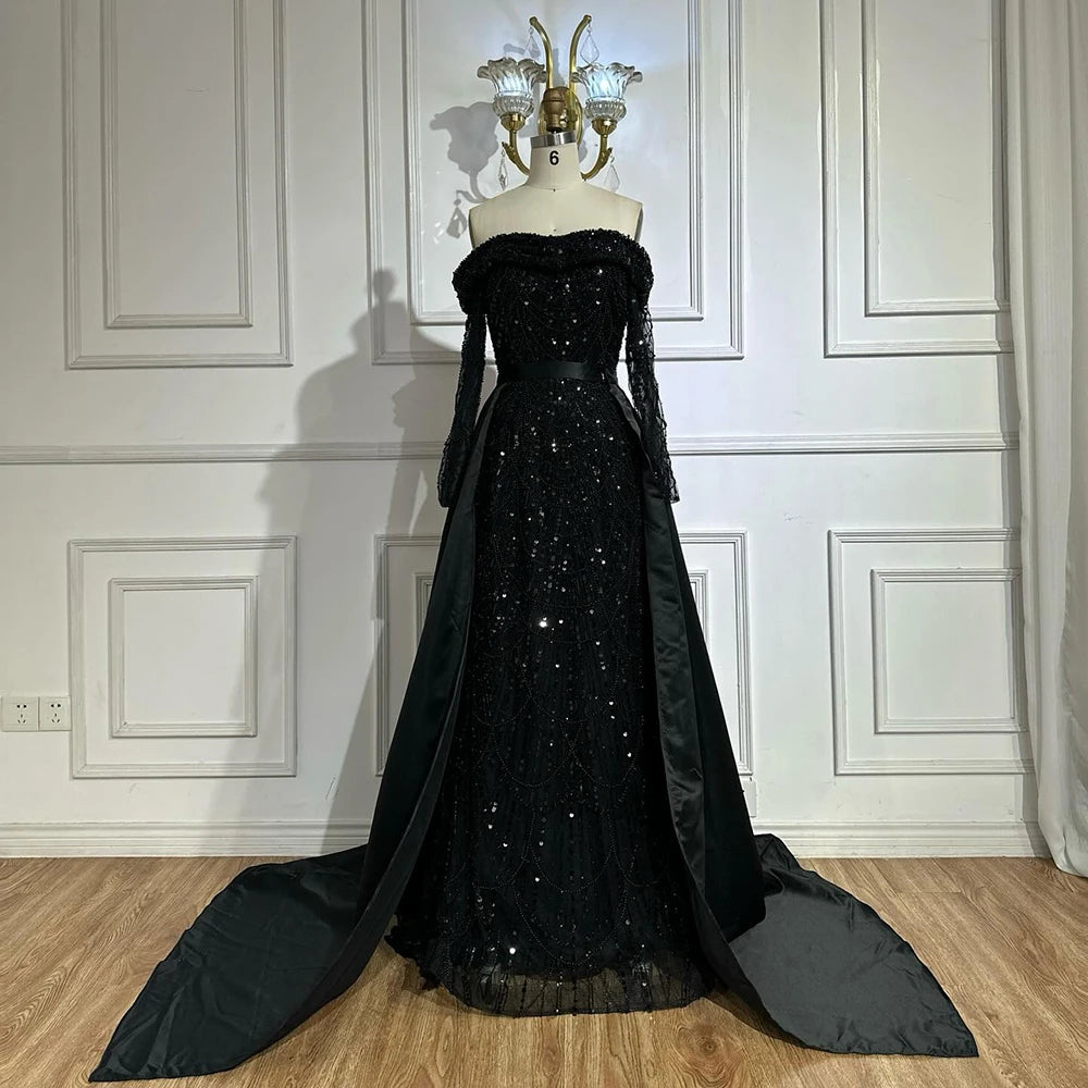 Luxury Black Off Shoulder Beaded Corset Evening Gown with Detachable Satin Overskirt - Dubai Inspired Formal Dress LA72254B for Prom, Wedding & Red Carpet Events