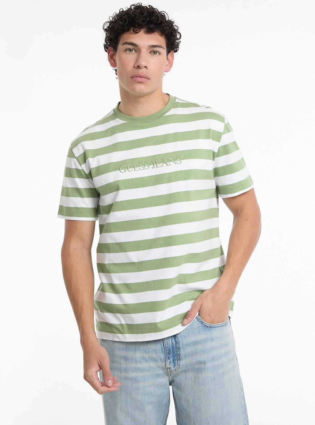 Guess Women's Green Striped T-Shirt | Casual Cotton Tee for Everyday Wear | Perfect for Outings, Shopping & Relaxing