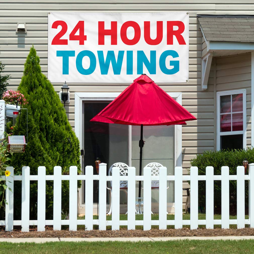 24-Hour Towing Vinyl Banner - Weatherproof Outdoor Business Sign (60x144 Inches) with 10 Grommets - Heavy Duty Yard Sign for Industrial Use, Car Dealerships & Emergency Services