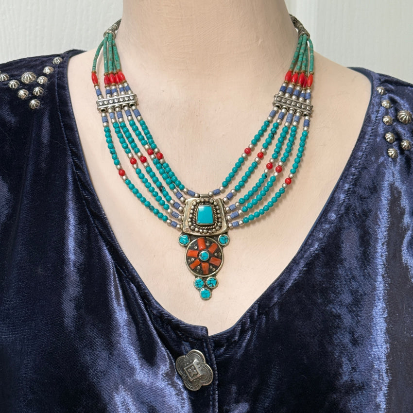Handmade Tibetan Alpaca Silver Necklace with Turquoise & Coral Beads – Elegant Boho Jewelry for Women, Perfect for Festivals, Weddings & Special Occasions