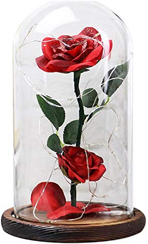 HTNBO Red Silk Rose with LED Light & Fallen Petals in Glass Dome on Wooden Base - Romantic Valentine's Day, Anniversary & Birthday Gift for Her | Home Decor, Wedding Centerpiece, Proposal Gift