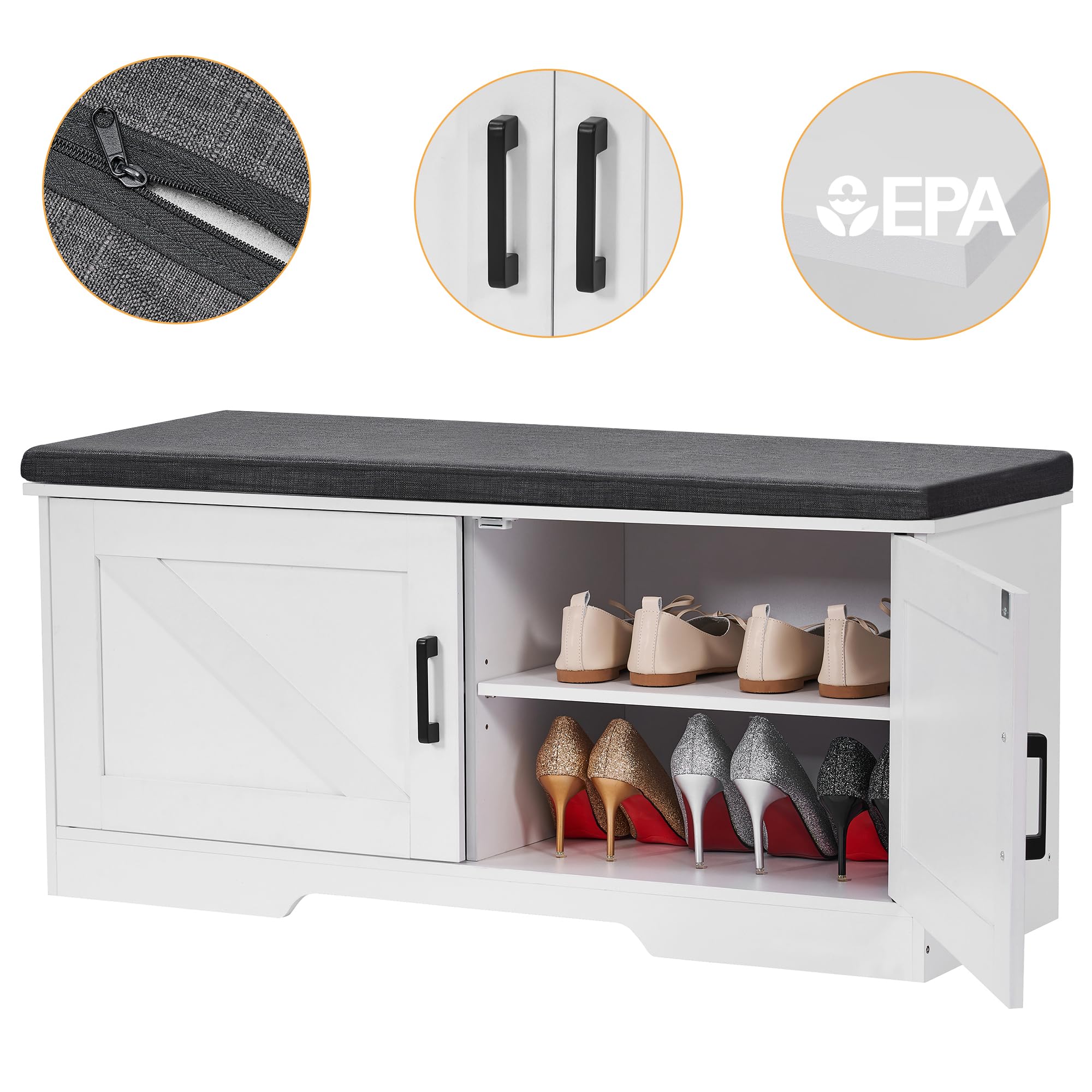 2-Tier Storage Bench with Padded Seat Cushion - Entryway Shoe Bench with Adjustable Shelf & 2 Barn Doors - 13.8