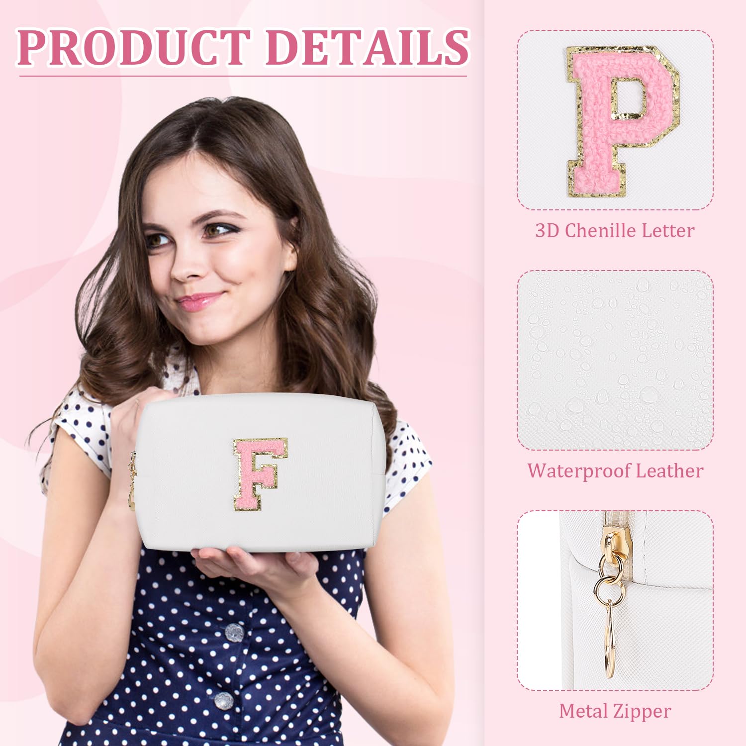 Personalized Initial Letter Makeup Bag for Women - Cute Waterproof PU Leather Cosmetic Bag, Travel Makeup Pouch with Zipper (K, White) - Perfect for Travel, Gym & Daily Organizer