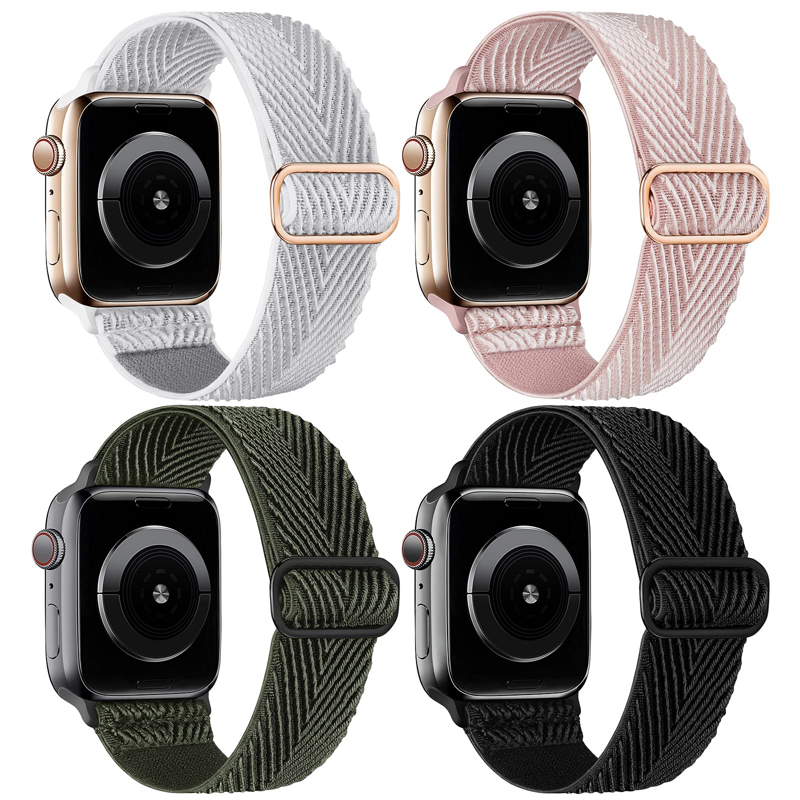 Recoppa 4 Pack Adjustable Nylon Solo Loop Bands for Apple Watch 42mm 44mm 45mm - Stretchy Braided Elastic Sport Straps Compatible with iWatch Series 7/6/5/4/3/2/1/SE - Perfect for Workouts, Running & Everyday Wear