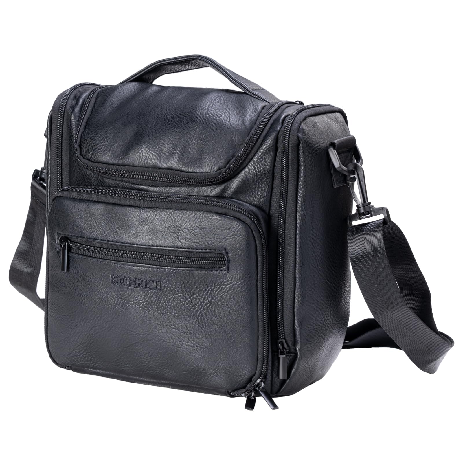 BOOMRICH Large Leather Travel Makeup Bag for Women - Hanging Toiletry Organizer with 360° Hook & Adjustable Shoulder Strap - Fits Full-Sized Cosmetics, Brushes & Toiletries (Black) - Perfect for Vacation, Business Trips & Gym Essentials