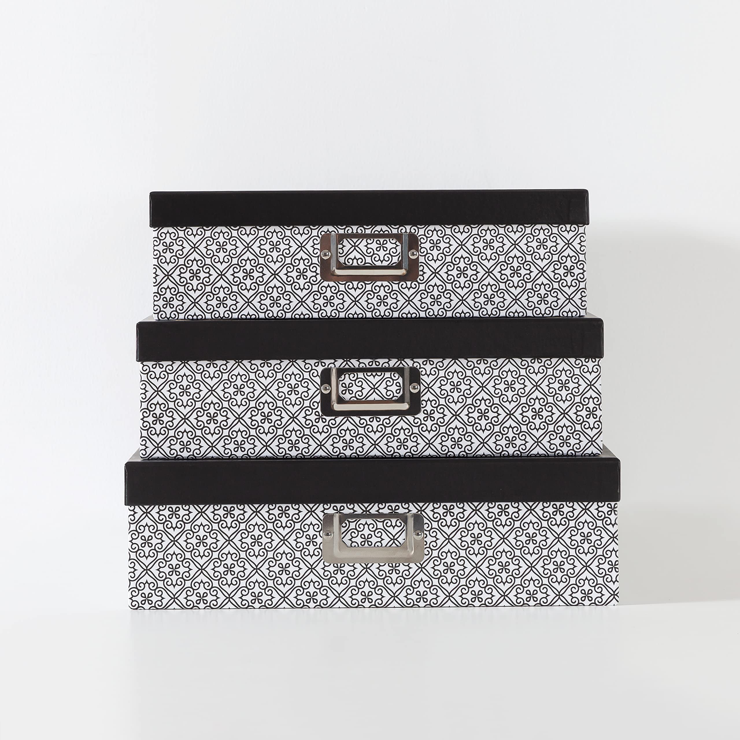 SLPR Black and White Decorative Cardboard Boxes with Lids - Set of 3 Nesting Paperboard Storage Boxes for Scrapbooking, Keepsakes, Photos, Letters & Documents | Perfect for Home Organization, Memory Keeping & Gift Wrapping