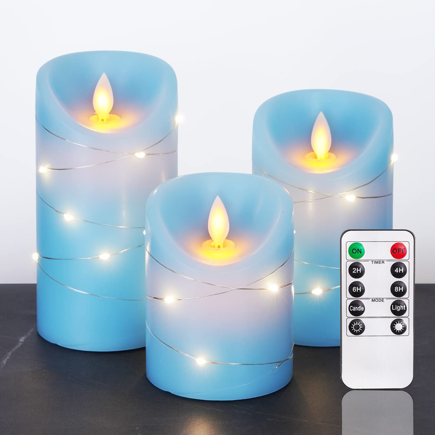 Homemory 3 Pack Flameless LED Candles with Remote Control - Real Wax Electric Candles with Moving Flame & Embedded Fairy String Lights - Battery Operated Flickering Candles with Timer - Perfect for Home Decor, Weddings, and Romantic Ambiance