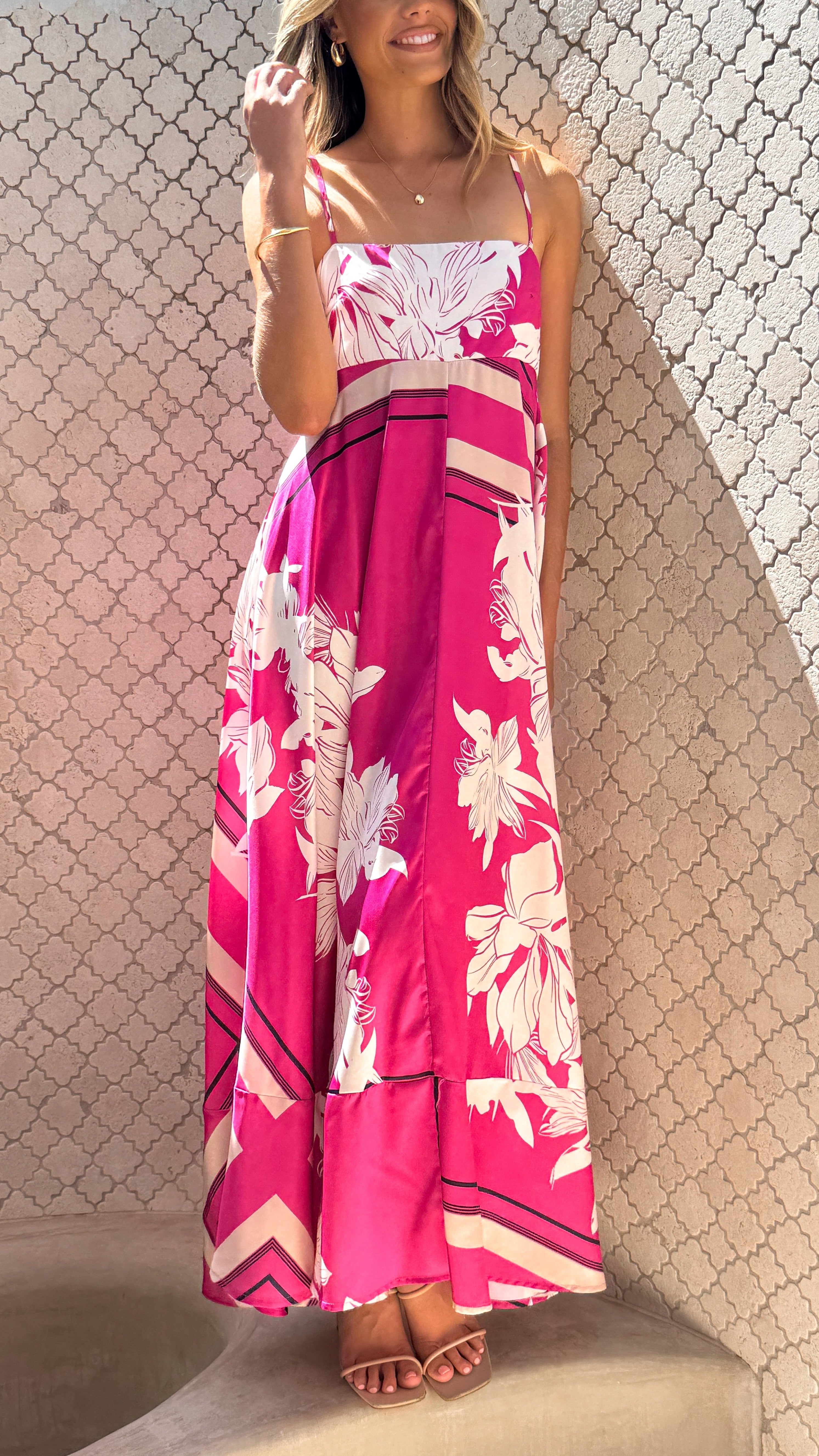 Kaethe Maxi Dress - Flowy Hot Pink Floral Print Summer Dress for Women | Perfect for Beach Vacations, Parties & Casual Outings