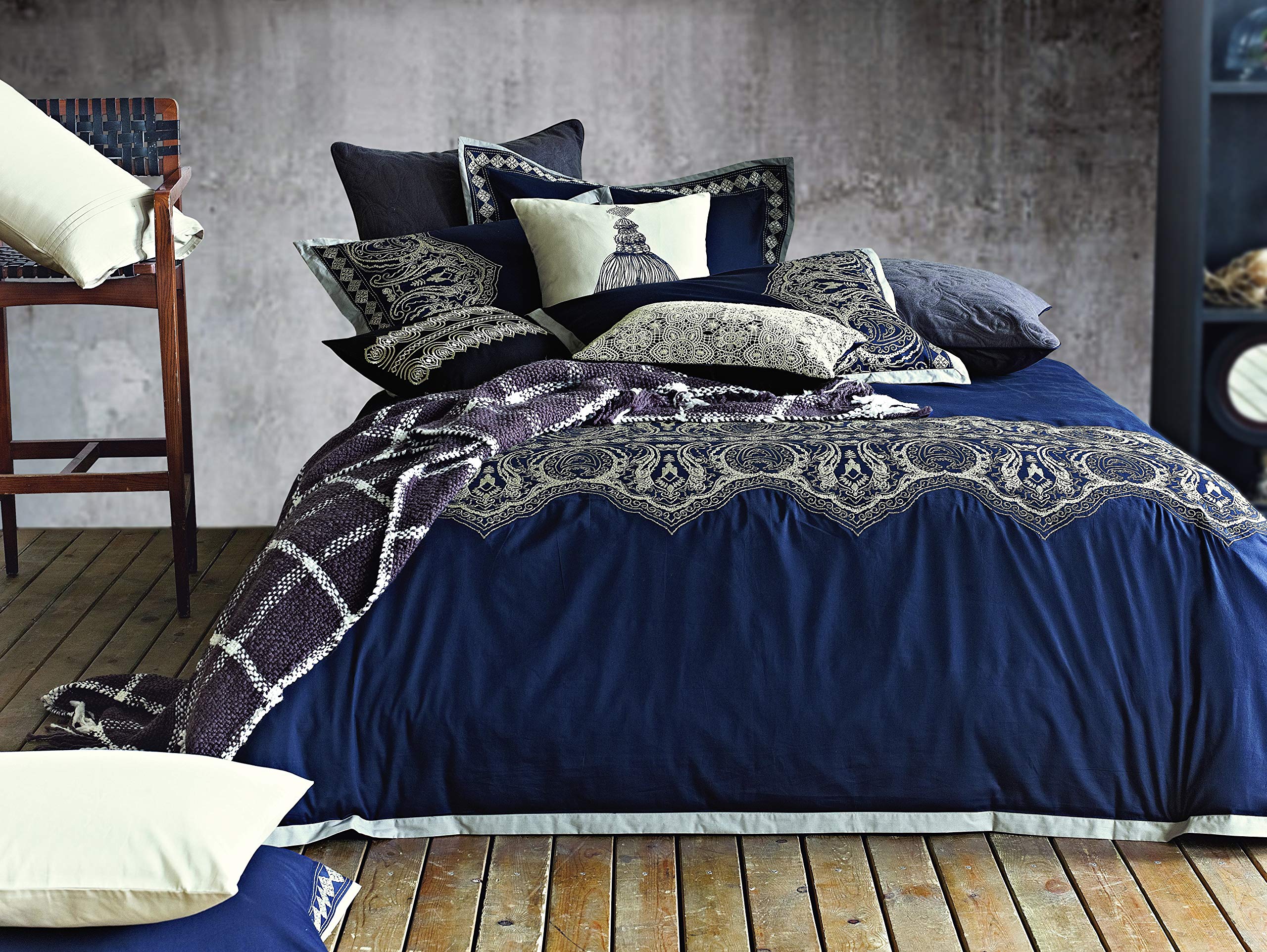 Melange Home Arabesque Embroidery Duvet Cover Set - King Size Navy Blue Luxury Bedding for Master Bedroom & Guest Room Decor