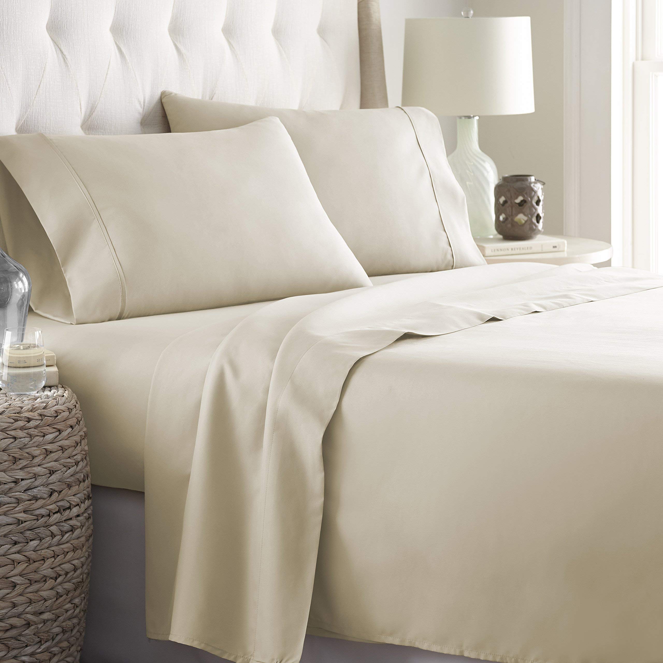Eco-Friendly 1000 Series 4-Piece Long Staple Cotton Bed Sheet Set (Flat Sheet + 15'' Deep Pocket Fitted Sheet + 2 Pillowcases) - Hypoallergenic Cooling Bedding for Hot Sleepers, Breathable Luxury Sheets, Ivory, Full XL - Perfect for Master Bedrooms & Guest Rooms