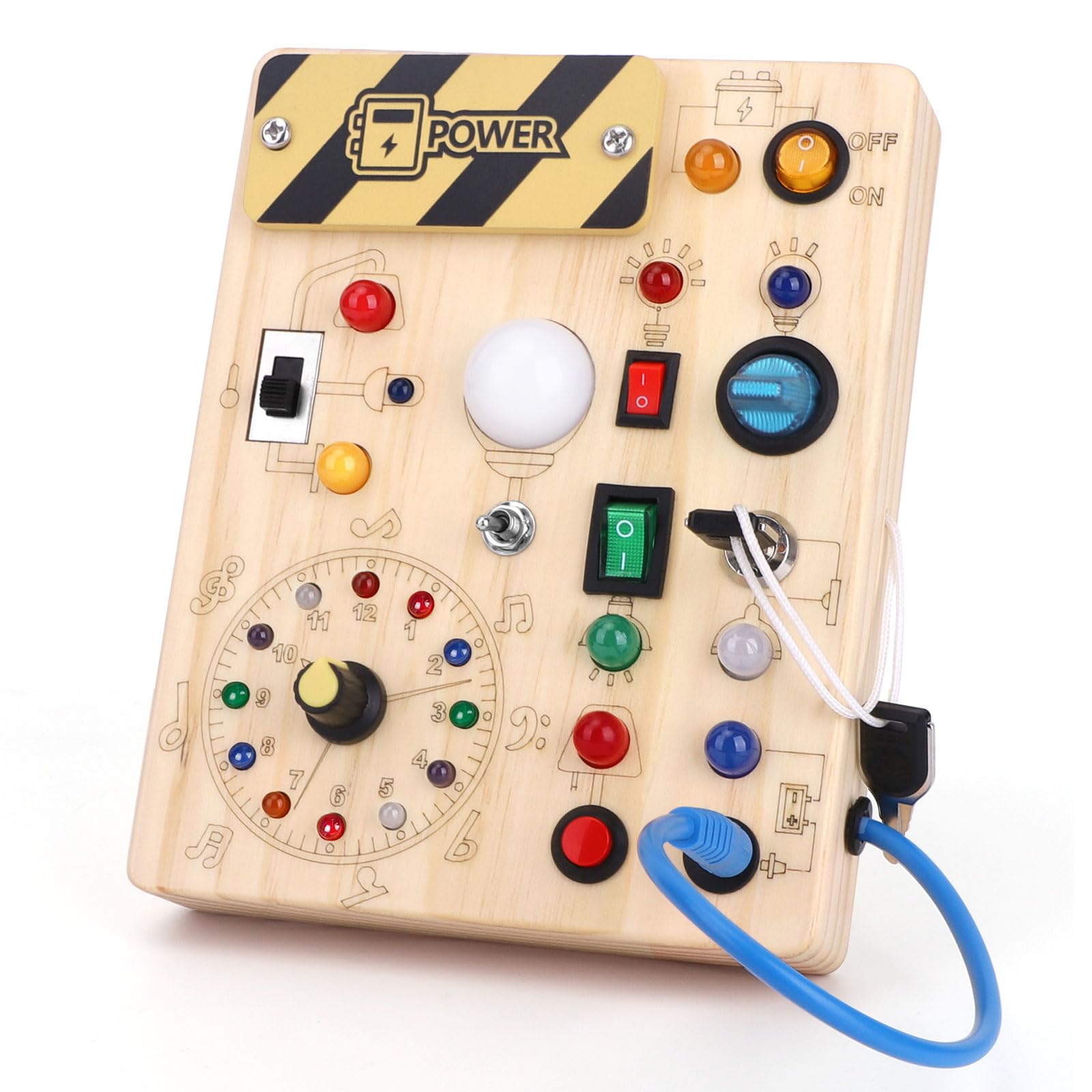 Montessori Wooden Busy Board with Clock & 11 LED Light Switches - Sensory Travel Toy for Toddlers 1+ Years Old - Perfect for Learning Time & Fine Motor Skills Development at Home or On the Go