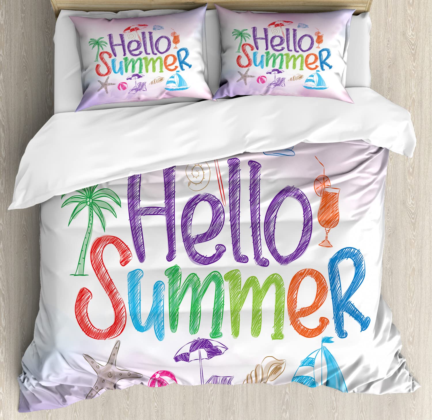 Ambesonne Summer Duvet Cover Set - Tropical Cocktail Umbrella Palms Starfish Print, 2 Pack Queen Size Bedding Set with 2 Duvet Covers & 4 Pillowcases, Lilac - Perfect for Beach House Decor, Vacation Home Bedroom & Summer Themed Guest Room