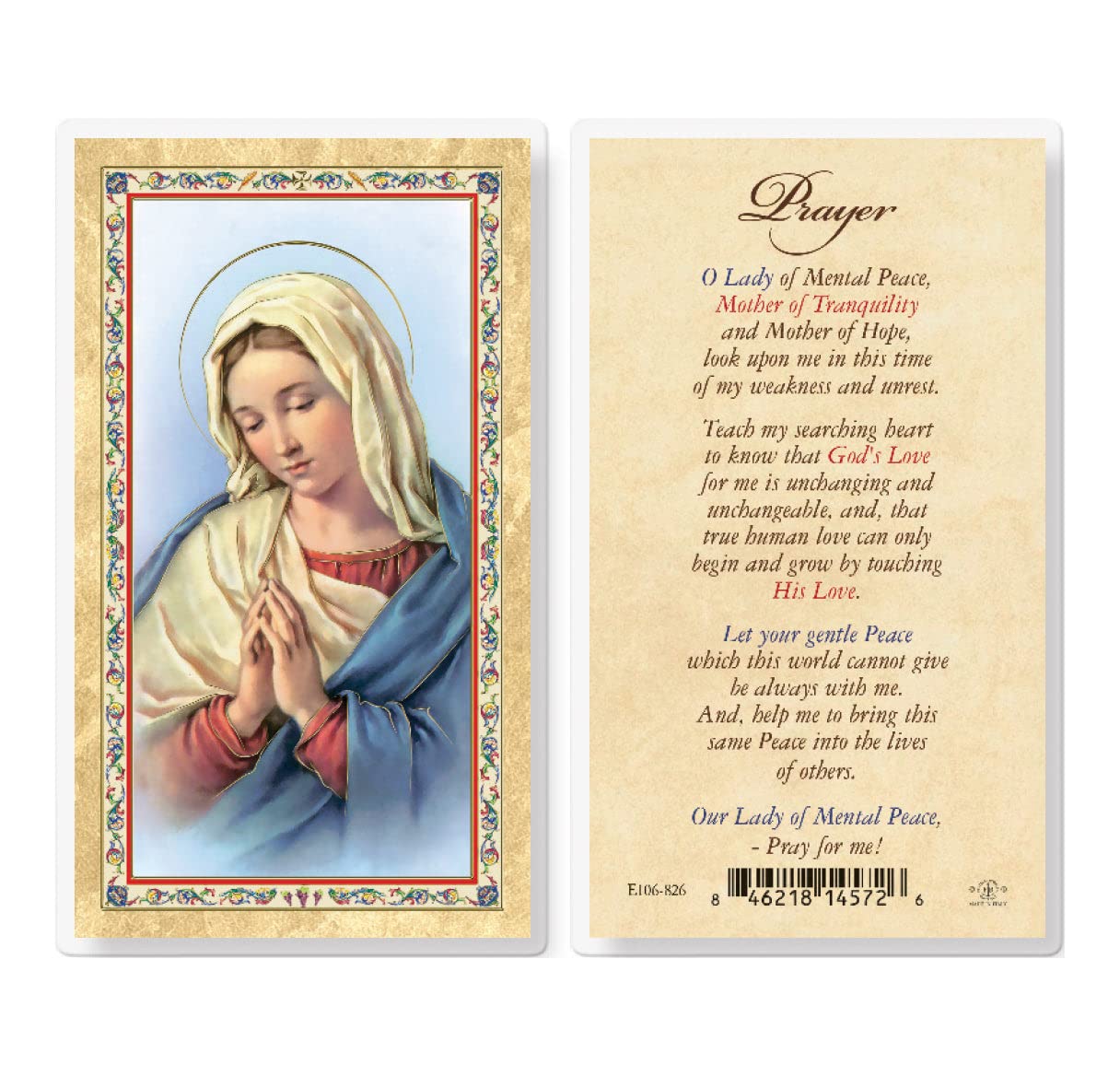 Our Lady of Mental Peace - BVM Gold-Stamped Laminated Catholic Prayer Cards (Pack of 25) - Holy Cards with Prayer on Back for Devotion, Meditation & Gift Giving