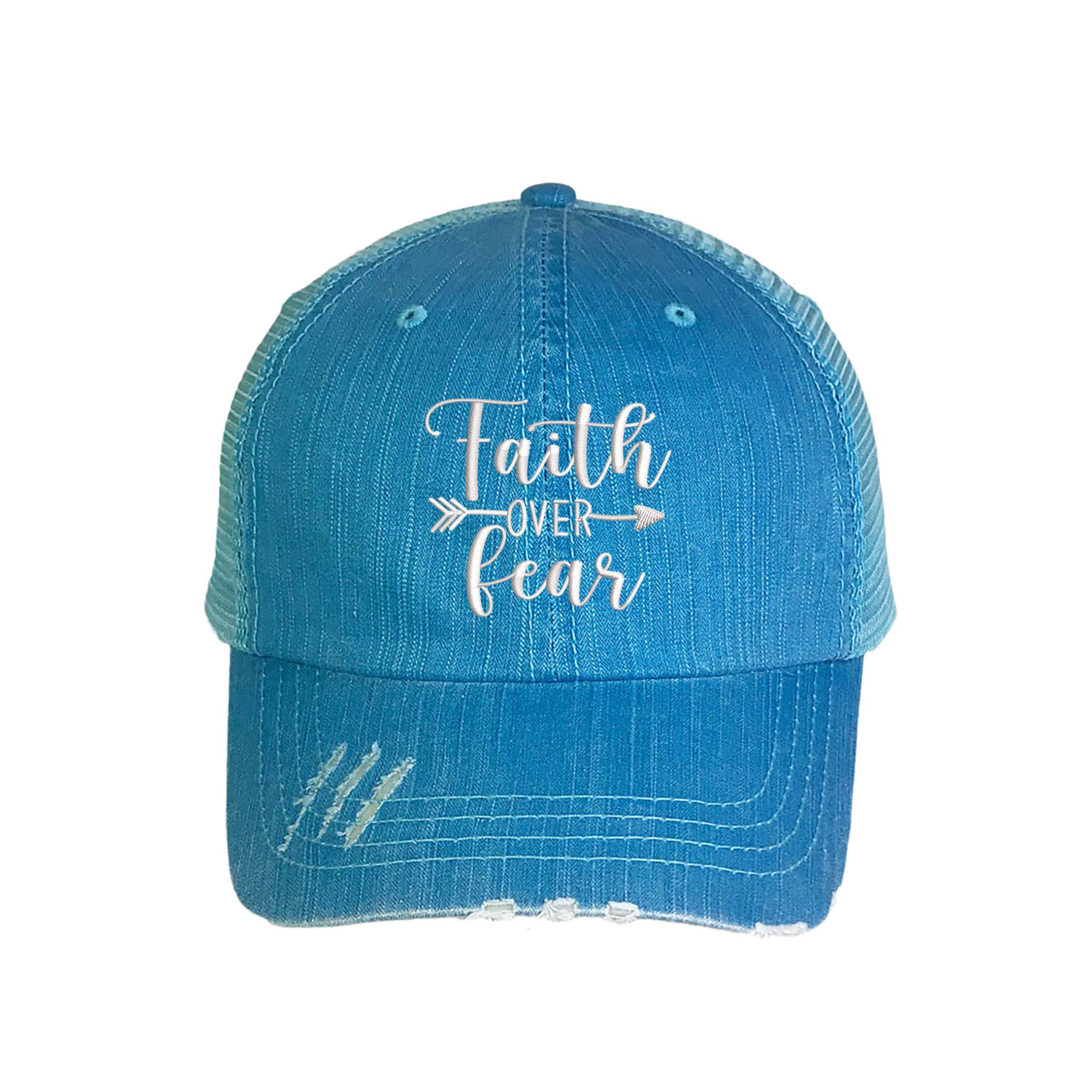 Faith Over Fear Distressed Embroidered Trucker Hat - Vintage Baseball Cap for Men & Women | Perfect for Outdoor Activities, Sports, and Casual Wear