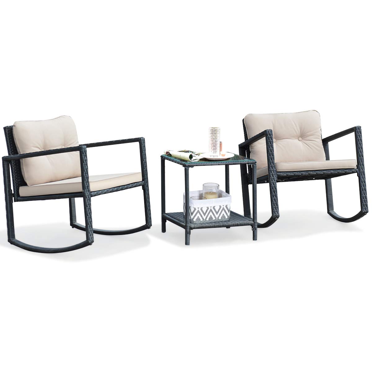 3-Piece Wicker Rocking Bistro Set with Tempered Glass Table - Outdoor Patio Furniture for Garden, Balcony & Backyard Relaxation