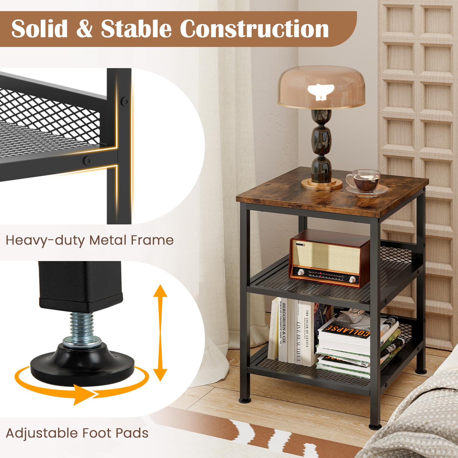 Giantex 2-Pack 3-Tier Industrial End Tables with Mesh Storage Shelves - 16