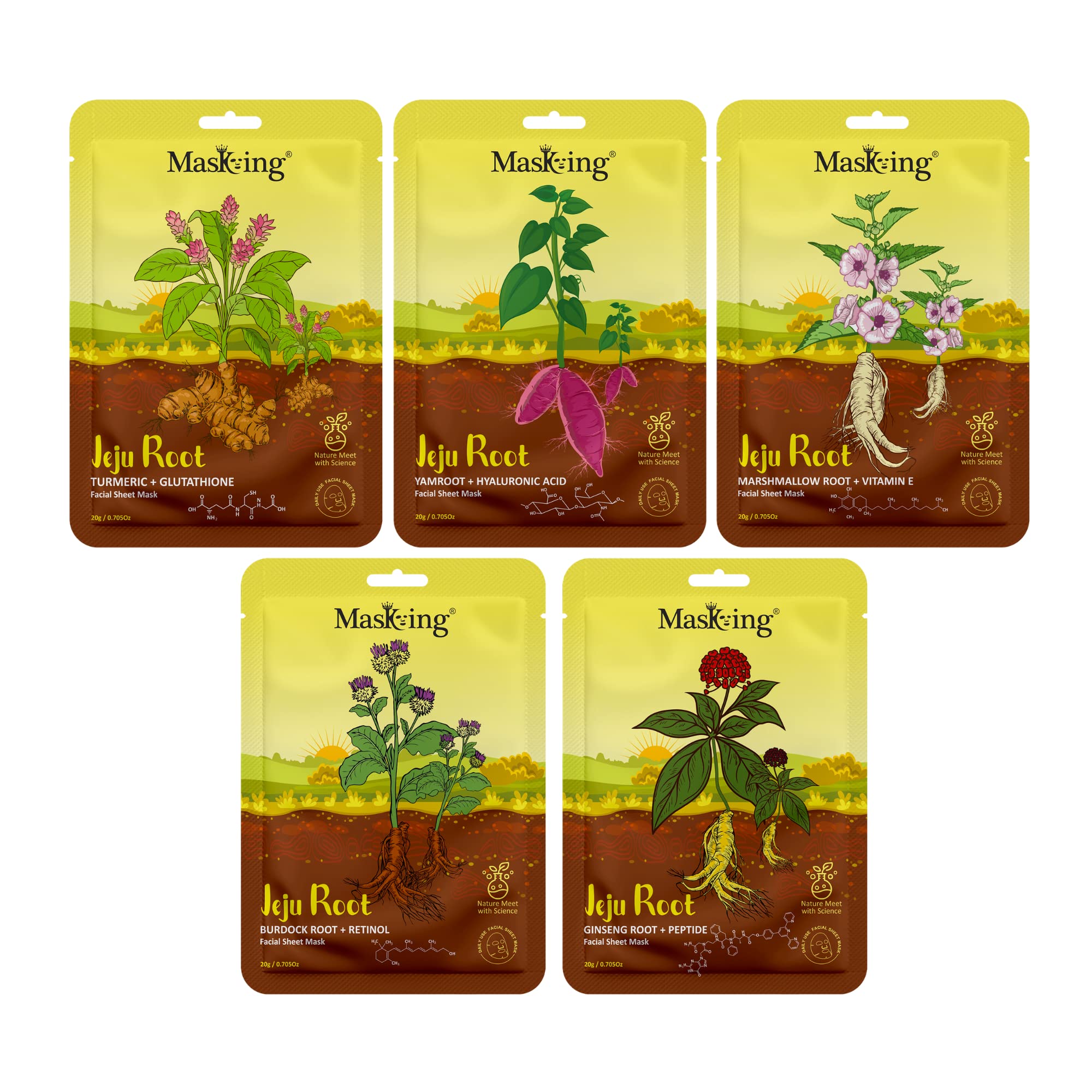 Jeju Root Hydrating & Calming Face Sheet Mask for Men & Women - Pack of 5 | Deep Moisturizing & Soothing Skincare for Dry, Sensitive Skin - Perfect for Daily Use & Spa Nights