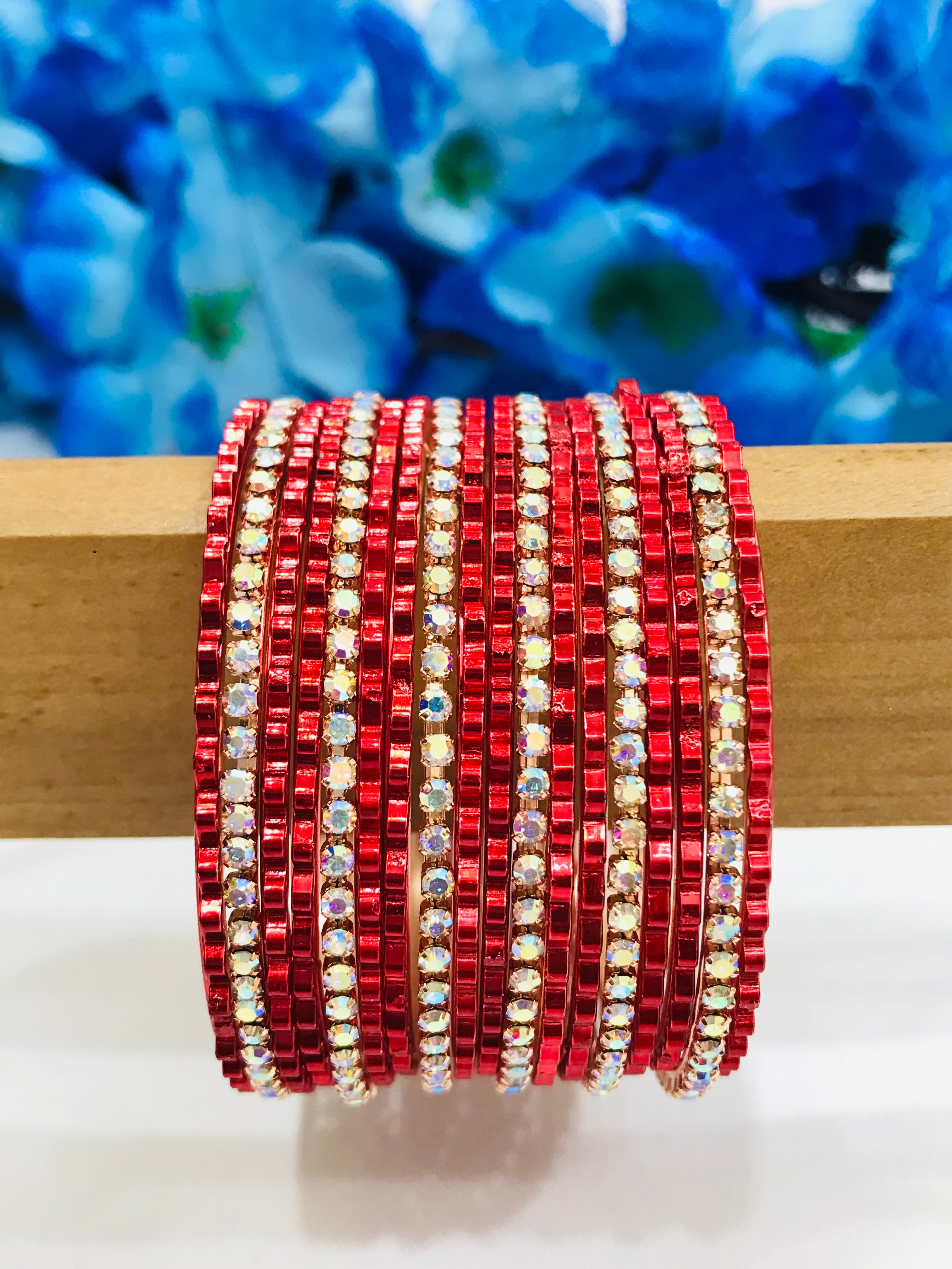 Stylish Red Metal Bangles Set with Sparkling Stones for Women & Girls - Perfect for Parties, Weddings & Everyday Fashion Accessories