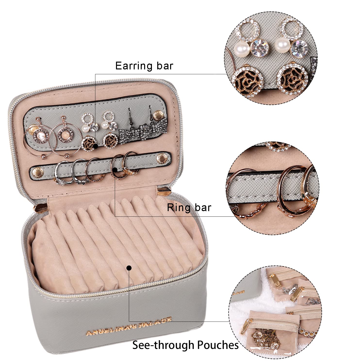 Angelina's Palace Jewelry Organizer Travel Case - Vegan Leather Storage Box for Necklaces, Earrings, Bracelets & Rings - Perfect Bridesmaid Gift & Travel Accessory (Pearl Grey) - Ideal for Wedding, Travel, Daily Organization & Gift Giving