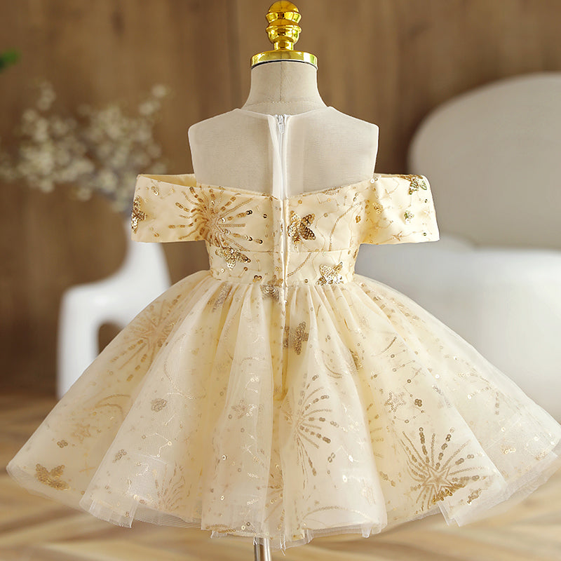 Sparkling Champagne Sequin Flower Girl Dress with Cold Shoulder - Tea Length for Weddings, Parties & Special Occasions