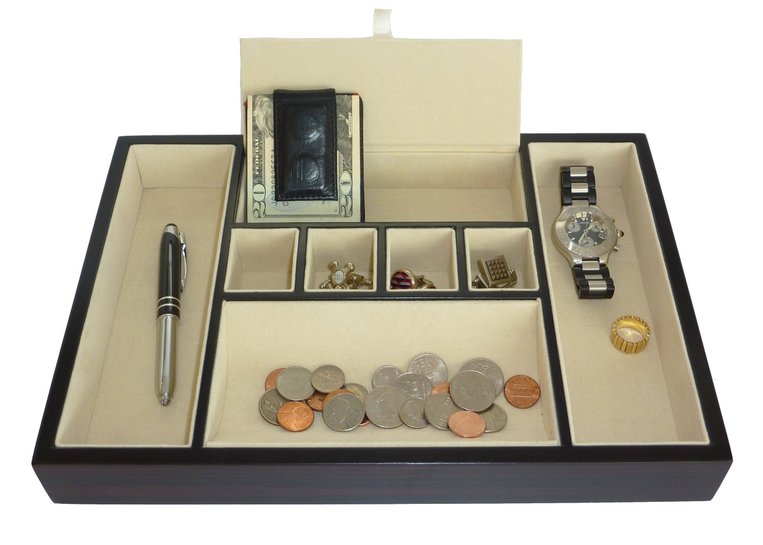Premium Ebony Walnut Wood Valet Tray - Organizer for Keys, Phone, Jewelry & Watches | Dresser Top Catch-All for Home, Office & Travel Accessories