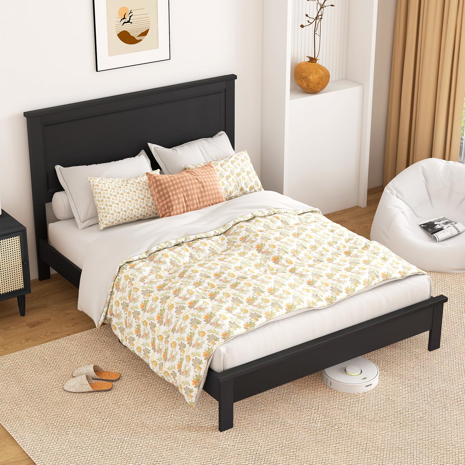 KOMFOTT Full Size Wood Platform Bed Frame with Headboard - Solid Wood Mid Century Modern Bed Frame with Slat Support & Under Bed Storage - No Box Spring Needed - Black - Perfect for Bedroom, Guest Room & Small Space Living