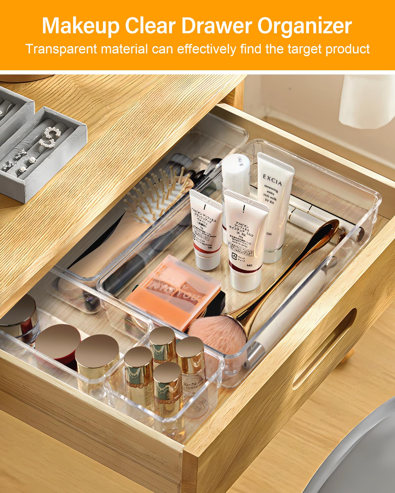 44-Piece Clear Plastic Drawer Organizer Set - 4-Size Stackable Storage Bins for Bathroom Vanity, Makeup, Kitchen Utensils & Office Supplies - Space-Saving Drawer Dividers for Home & Office Organization