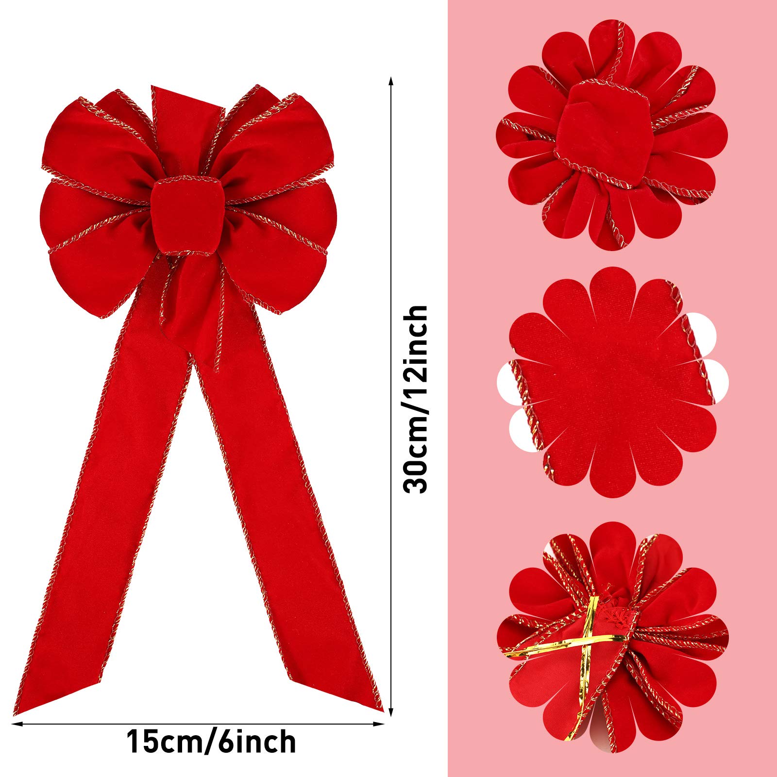 Red Velvet Christmas Bows with Gold Wired Edge - 12 Pack Premium Ribbon Bows for Holiday Wreaths, Tree Decorations & Festive Home Decor - Perfect for Xmas Gifts, Stockings & Mantel Decor