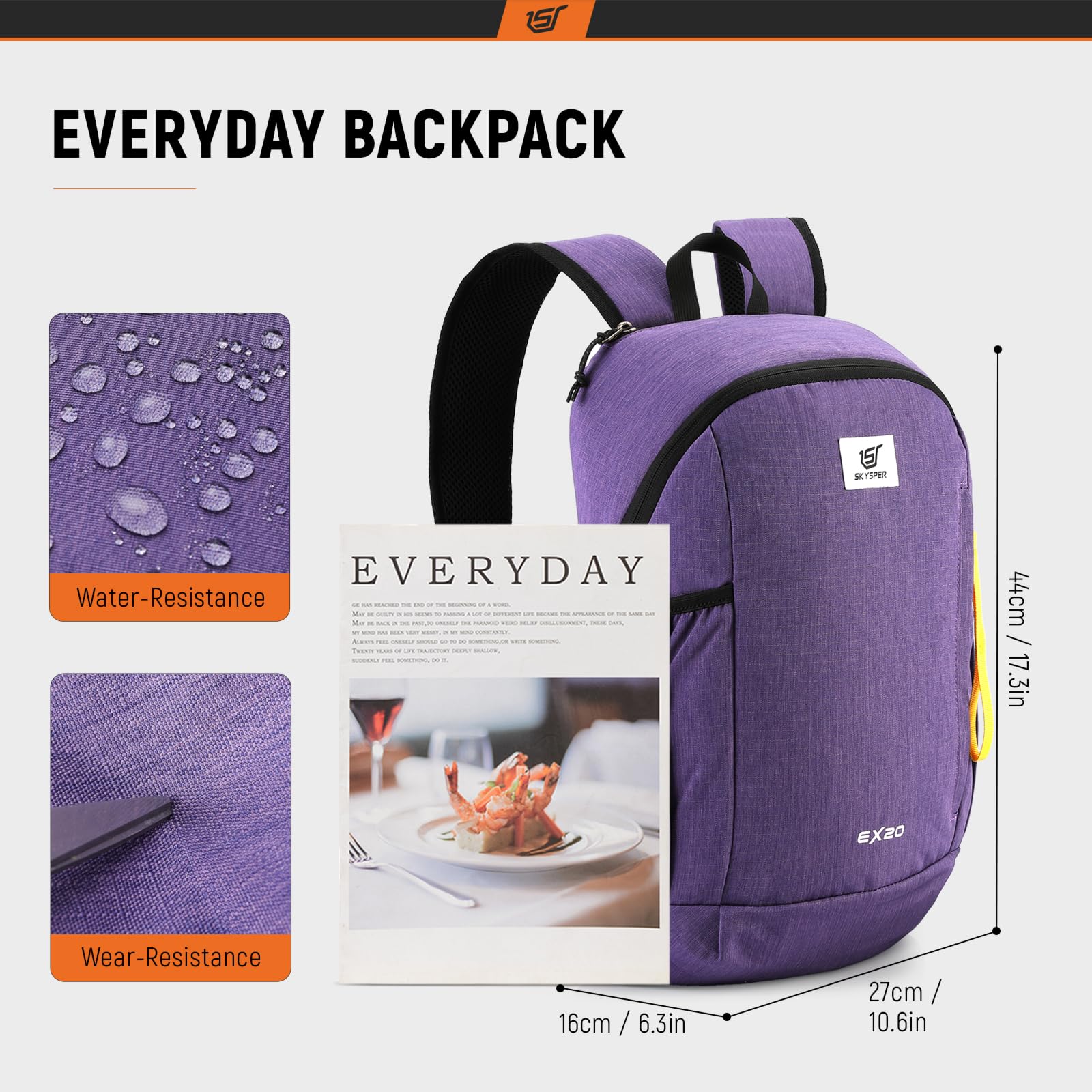 SKYSPER 20L Lightweight Hiking Backpack - Compact Travel Daypack for Women & Men, Water-Resistant Outdoor Backpack for Hiking, Camping, School & Daily Use (Purple)