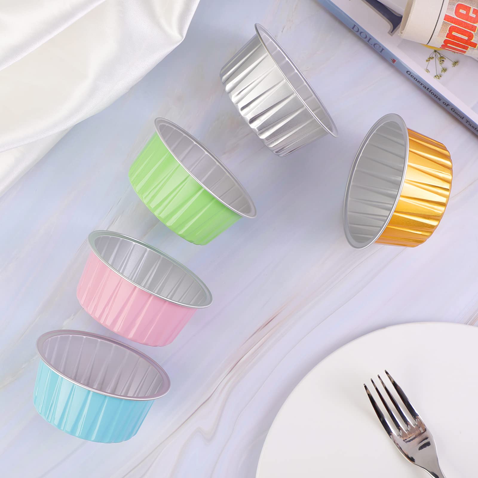 EUSOAR 50pcs 5oz Disposable Aluminum Foil Cupcake Liners & Muffin Baking Cups - 5 Color Mixed Set for Desserts, Cakes & Party Treats - Perfect for Home Baking, Birthday Parties & Holiday Cooking