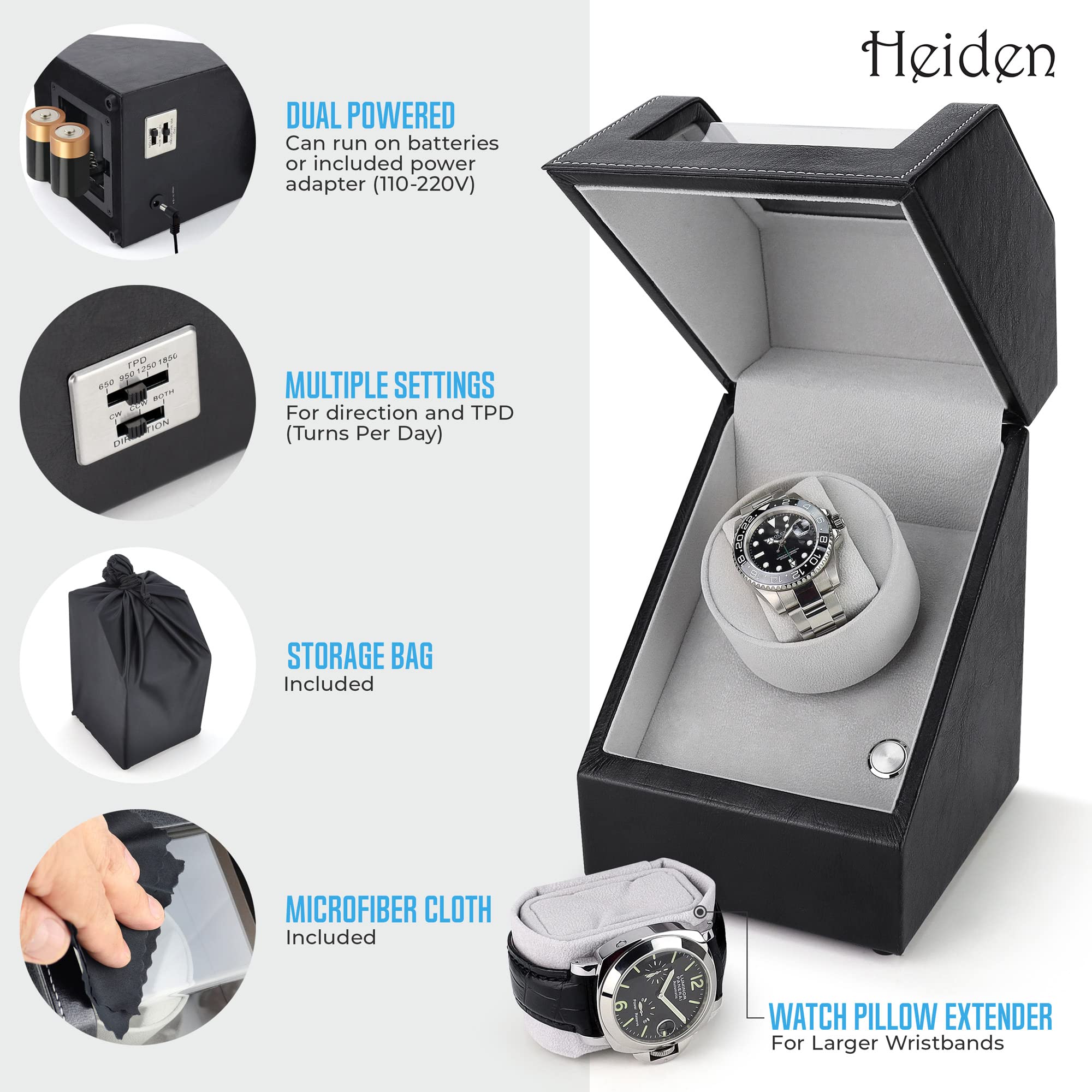 Premium Automatic Watch Winder for Rolex & Luxury Watches - Japanese Motor, 12 Customizable Settings - Battery & AC Powered - Safe Zero Magnetization Design - Perfect for Travel, Display & Watch Storage