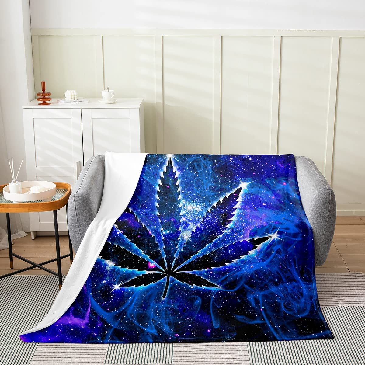 **Premium Cannabis Leaf Flannel Blanket - Blue Starry Sky Design, Lightweight & Ultra Soft Fleece Throw - Cozy Luxury Weed Fuzzy Blanket for All Seasons - Perfect for Sofa, Bedroom, Camping & Gifts (30